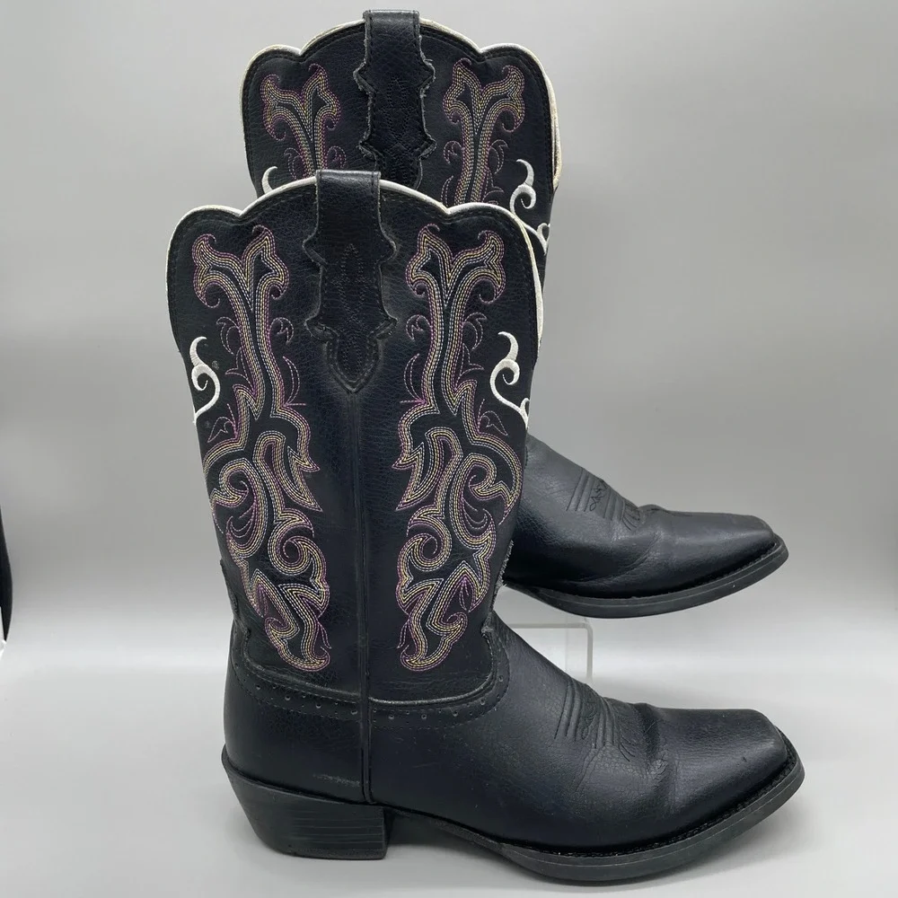 Justin Stampede Western Cowboy Boots Kids 3.5D Black Purple Heart Square Toe